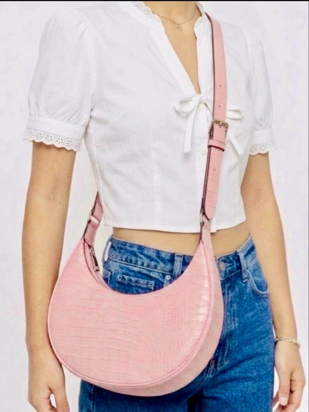 Patricia Nash Coley Crescent Hobo Crossbody bag pink embossed croc leather EUC
